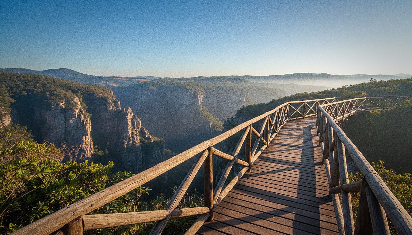 Detalhe da passarela de madeira e do corrimão de segurança sobre o desfiladeiro