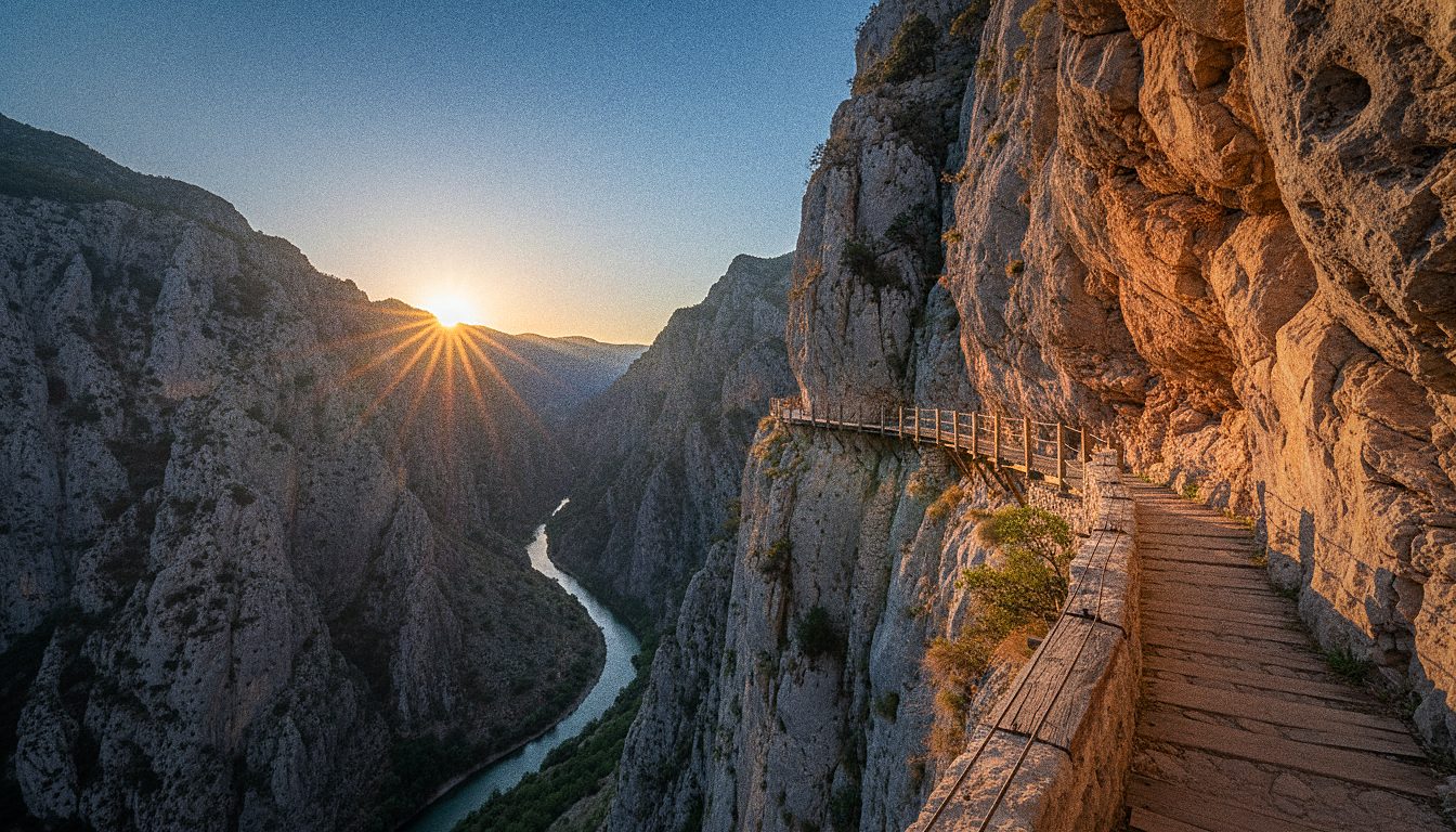 Passarela estreita presa à parede de um desfiladeiro nas montanhas da Espanha