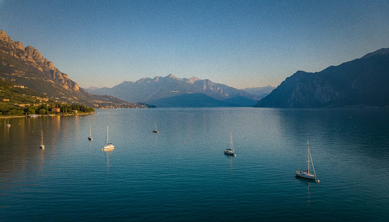 Vista do Lago di Garda com montanhas ao fundo em dia ensolarado de verão