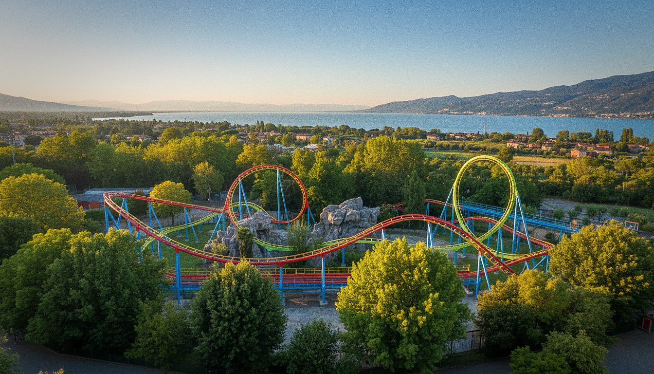 Montanha-russa colorida em um parque de diversões ao ar livre em dia ensolarado