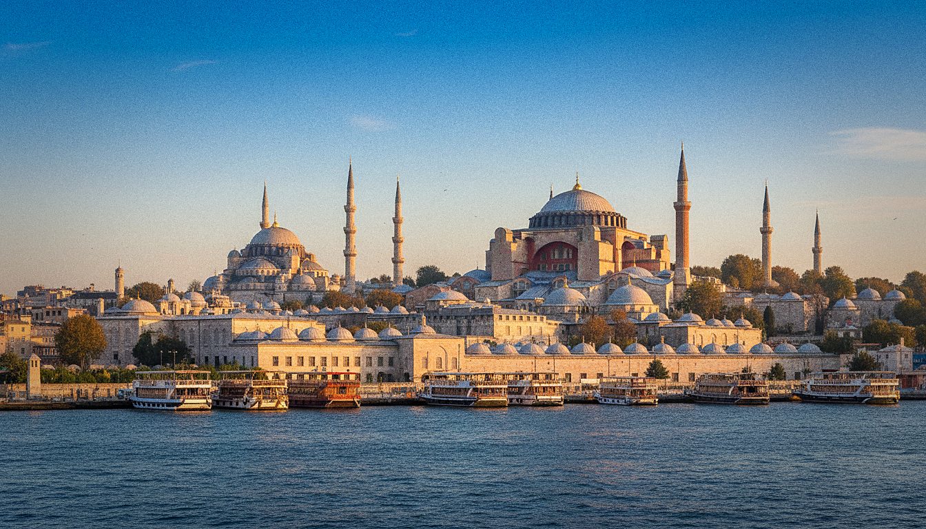 Cúpulas e minaretes de uma mesquita histórica ao entardecer em Istambul