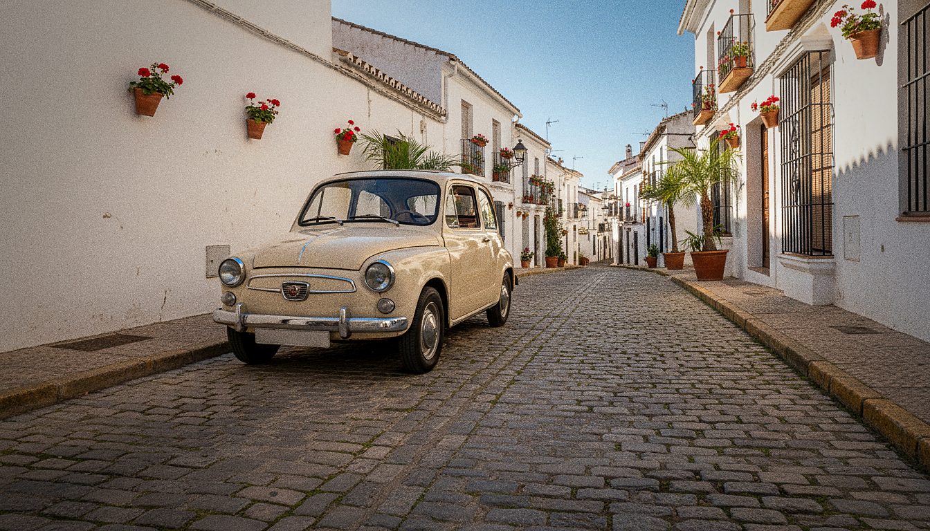 Carro estacionado em uma rua de paralelepípedos em uma cidade espanhola