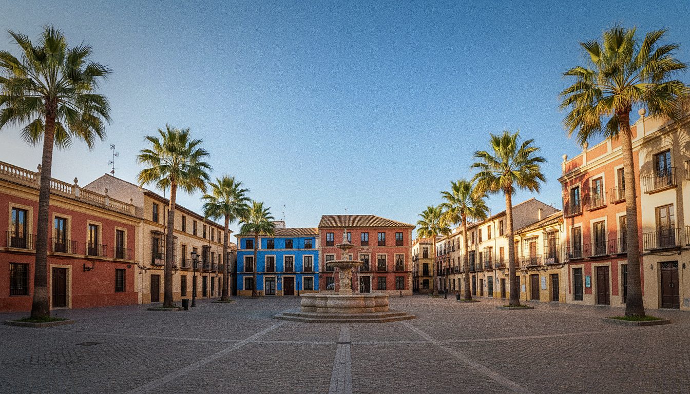 Praça histórica com palmeiras e prédios coloridos no centro de uma cidade espanhola