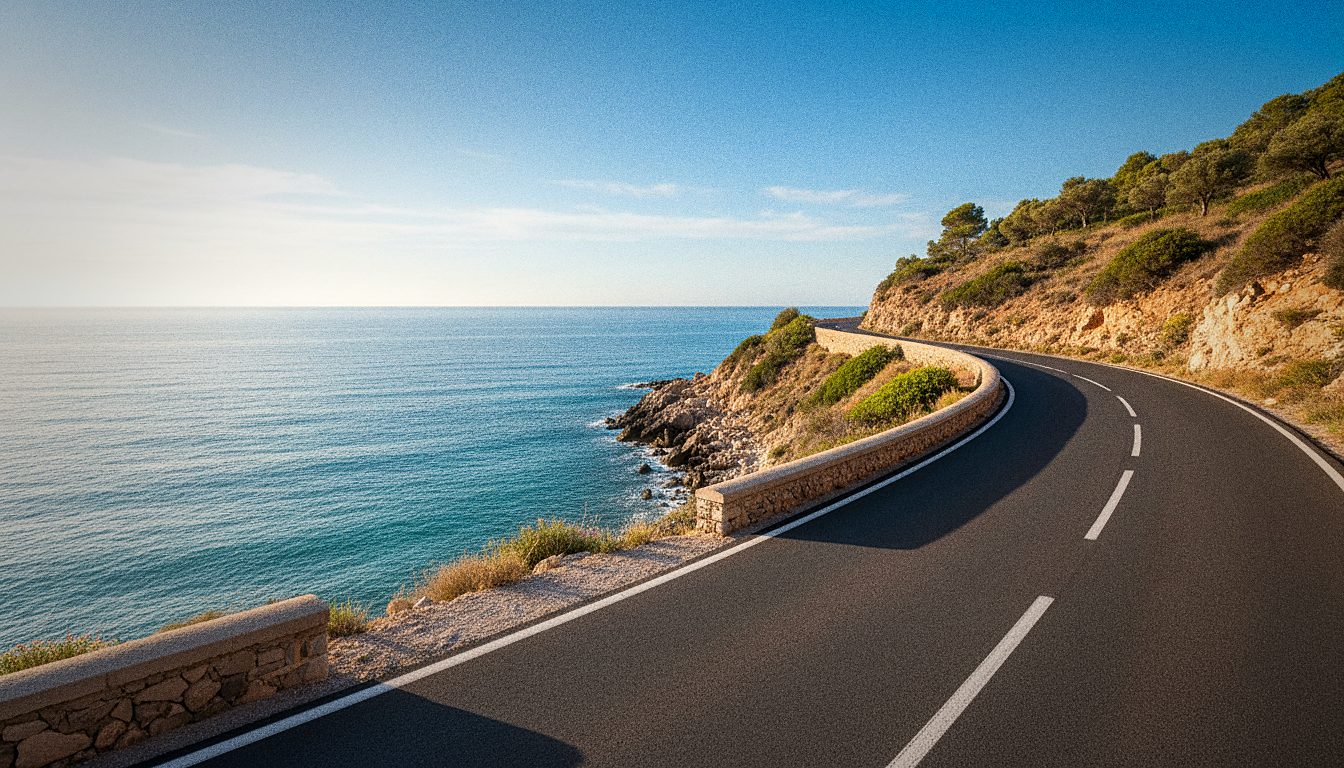 Estrada litorânea sinuosa perto do mar no sul da Espanha em dia ensolarado