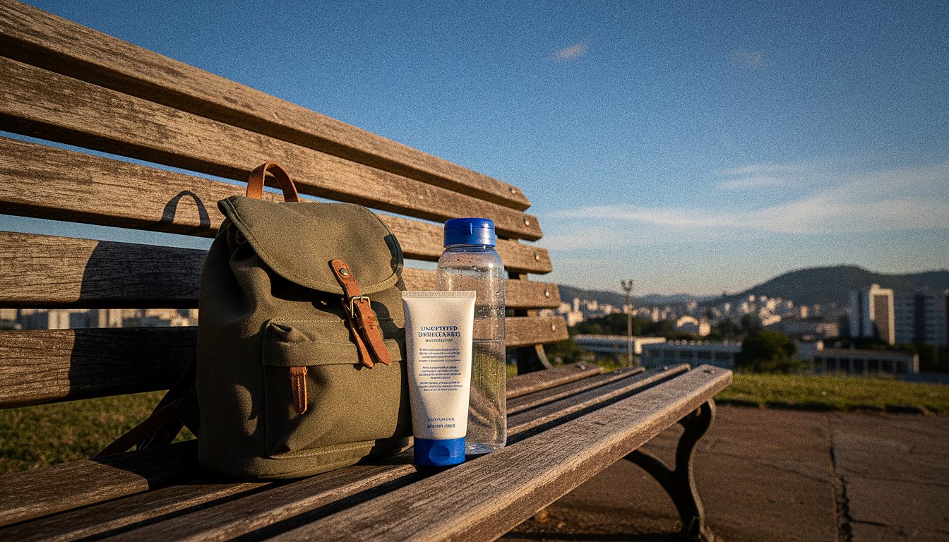 Mochila pequena, protetor solar e garrafa de água prontos para um dia fora de casa