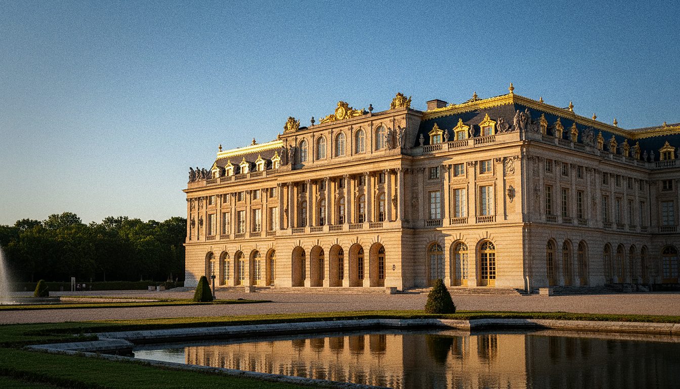 Fachada dourada do Palácio de Versalhes na França sob luz de fim de tarde