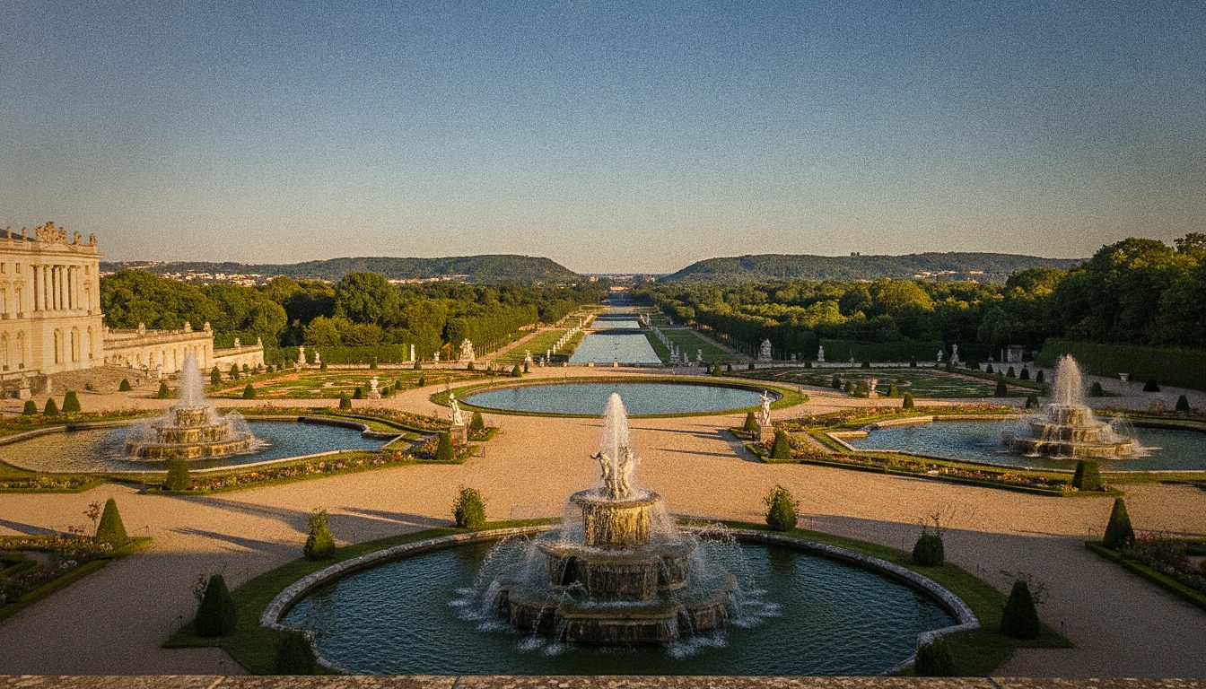 Vista dos jardins formais e fontes do Palácio de Versalhes