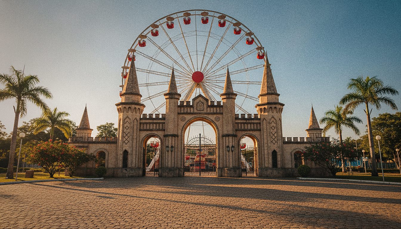 Entrada de um parque de diversões com roda-gigante ao fundo em dia ensolarado