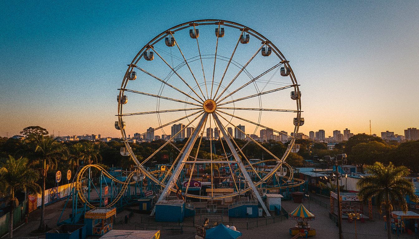 Roda-gigante iluminada em um parque de diversões ao entardecer