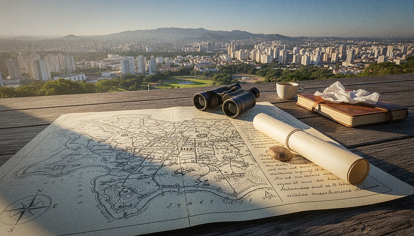 Mapa e itinerário de viagem anotados sobre uma mesa de madeira