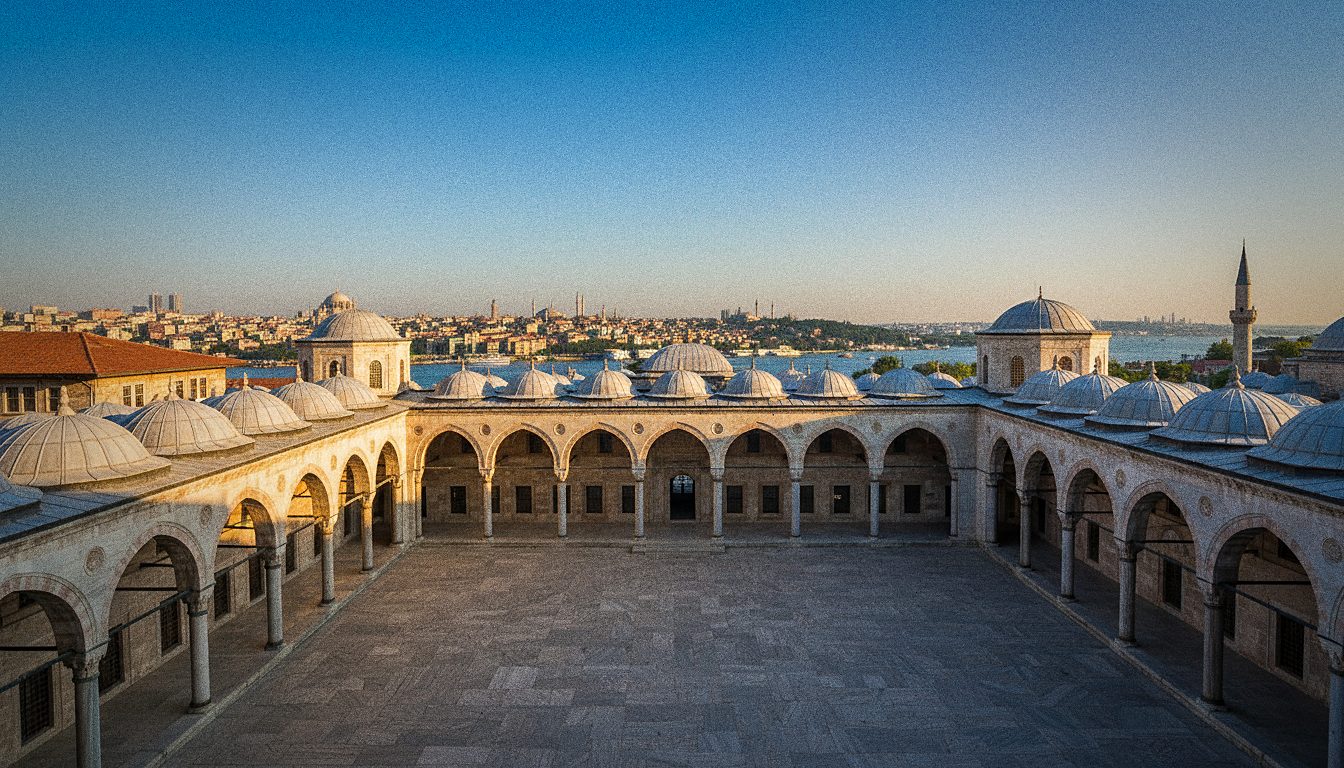 Pátio interno de um palácio otomano com arcos de pedra e cúpulas ao fundo