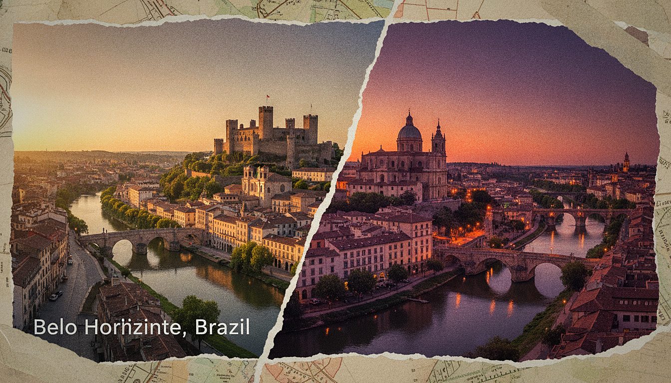 Colagem visual de um destino de viagem europeu visto de um mirante ao entardecer